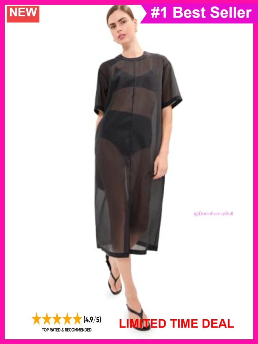 Organza Midi Dress Elbow Sleeve Crew Neck Front Slit
